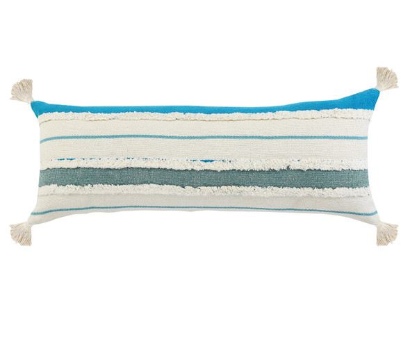 14" X 36" Off White And Turquoise Lumbar Beach Striped Cotton Throw Pillow Cover with Tassels
