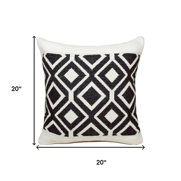 20" Ivory And Blue Diamond Cotton Blend Throw Pillow Cover