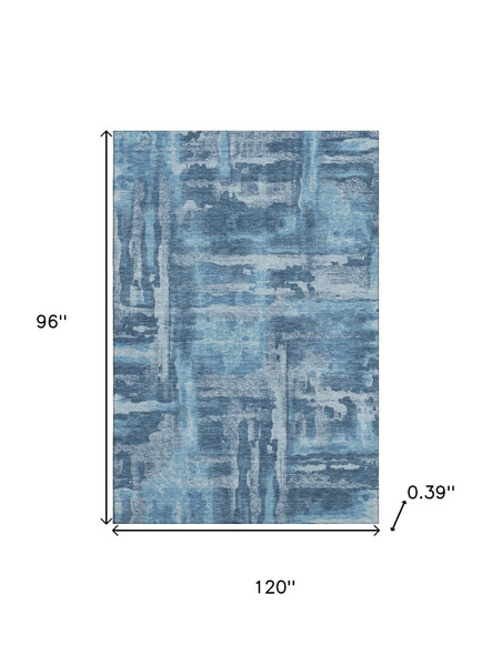 8' X 10' Denim Blue And Sky Blue Abstract Washable Area Rug With UV Protection