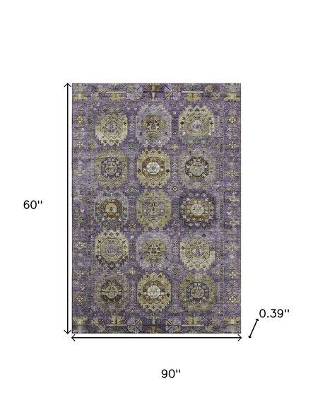 5' X 8' Eggplant And Green Medallion Washable Area Rug With UV Protection