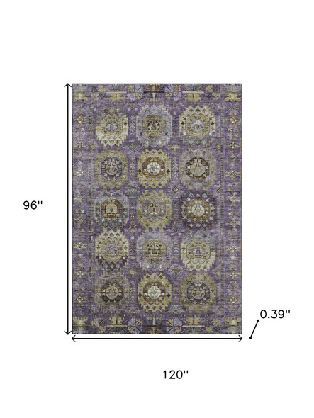 8' X 10' Eggplant And Green Medallion Washable Area Rug With UV Protection