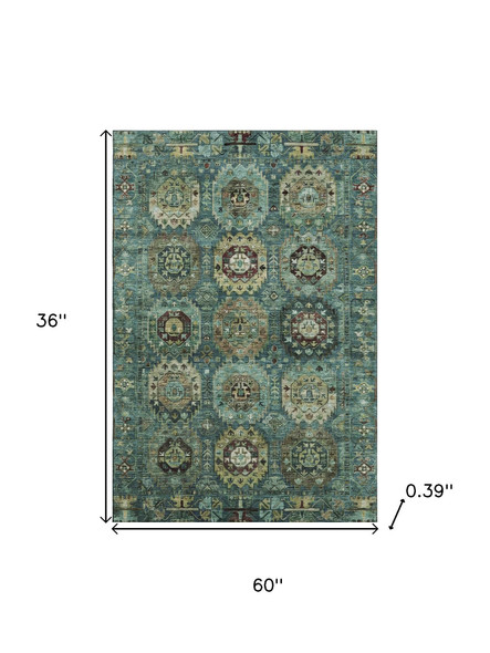 3' X 5' Teal And Brown Medallion Washable Area Rug With UV Protection