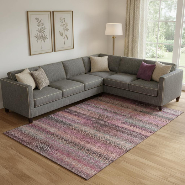 9' X 12' Pink And Gray Striped Washable Area Rug With UV Protection
