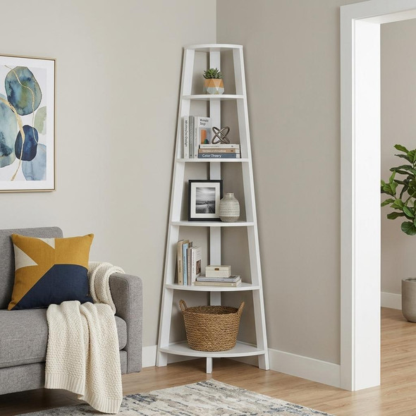 71" White Wood Five Tier Corner Bookcase