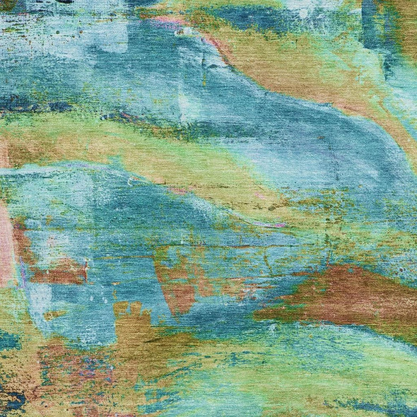 10' X 14' Teal And Blush Abstract Washable Area Rug With UV Protection