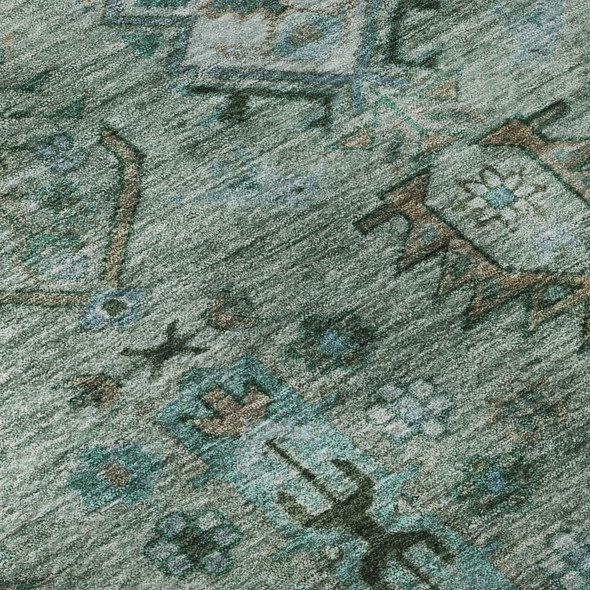 8' Green And Teal Southwestern Washable Round Rug With UV Protection