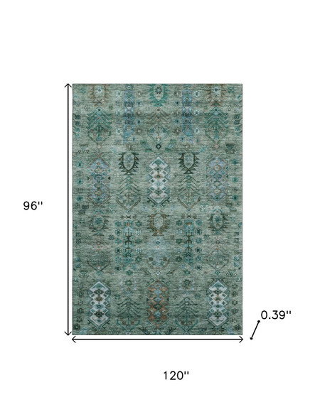 8' X 10' Green And Teal Southwestern Washable Area Rug With UV Protection