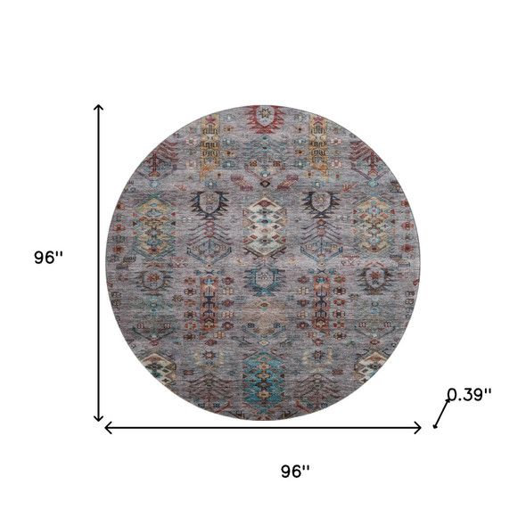 8' Gray And Teal Southwestern Washable Round Rug With UV Protection