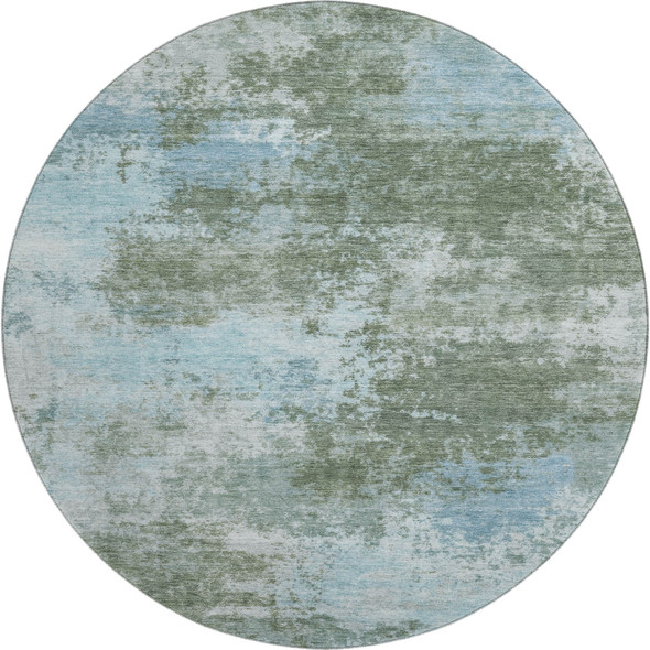 8' Sage And Sky Blue Abstract Washable Round Rug With UV Protection