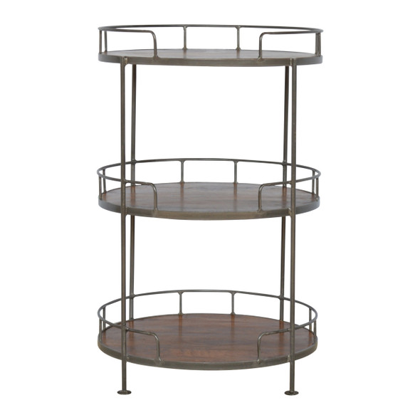 35" Brown Solid Wood and Iron Round End Table With Three Shelves