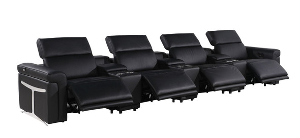 166" Black Top Grain Leather Reclining Metal USB Sofa