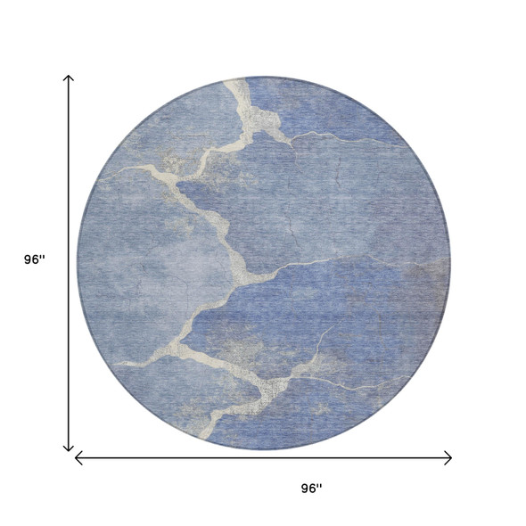 8' Denim Blue And Beige Round Abstract Washable Indoor Outdoor Area Rug