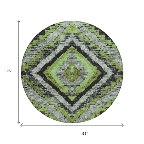 8' Artichoke Green And Gray Round Aztec Washable Indoor Outdoor Area Rug