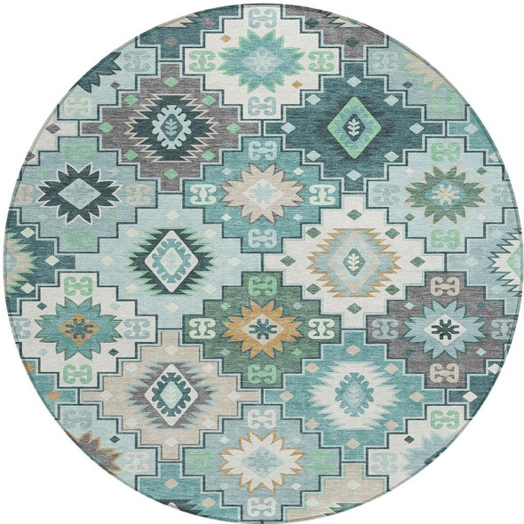 8' Teal Blue Beige And Ivory Round Southwestern Washable Indoor Outdoor Area Rug