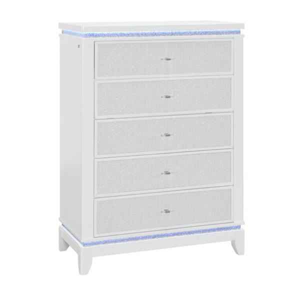 36" White Faux Crystal Glitter Wood Lighted Five Drawer Dresser