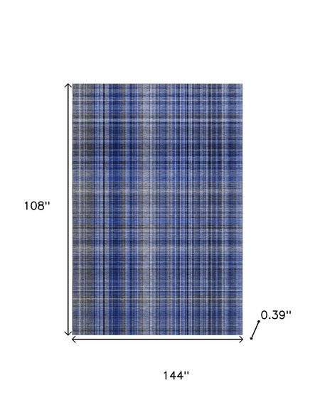 9' X 12' Navy Blue And Gray Plaid Washable Area Rug With UV Protection