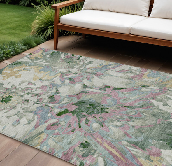8' X 10' Sage Gold And Emerald Floral Washable Indoor Outdoor Area Rug