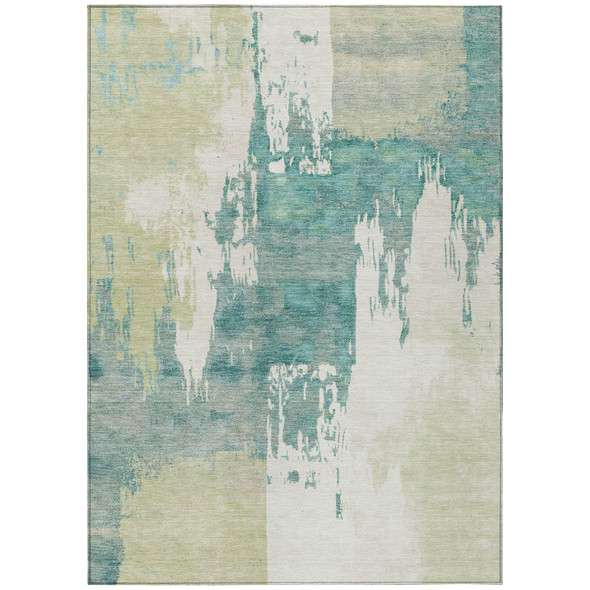 9' X 12' Artichoke Green Ivory And Aqua Abstract Washable Indoor Outdoor Area Rug