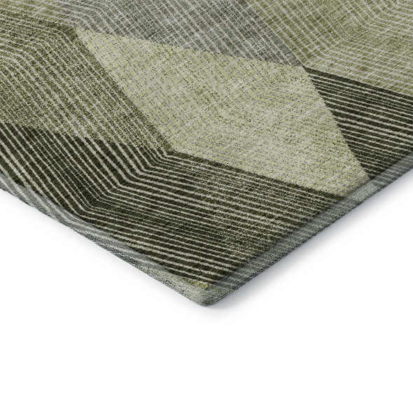 8' Olive Green Gray And Ivory Geometric Washable Round Rug With UV Protection