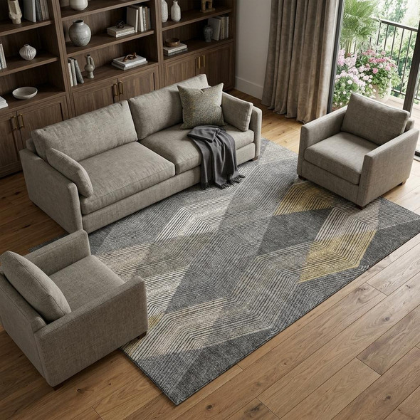 10' X 14' Pewter Gold And Ivory Geometric Washable Area Rug With UV Protection