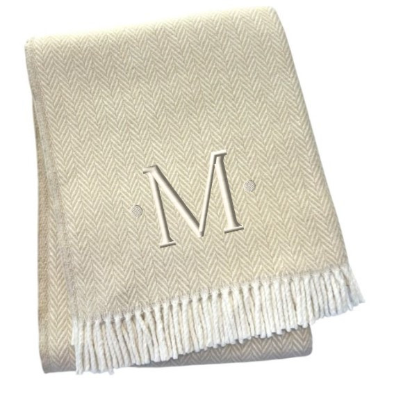 55" X 70" Linen And White Herringbone Cotton Blend M Initial Throw Blanket with Tassels And Embroidery