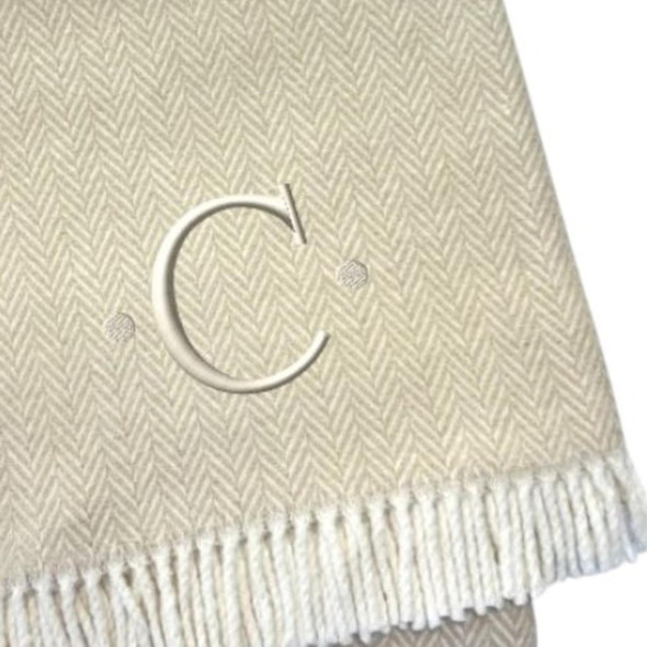 55" X 70" Linen And White Herringbone Cotton Blend C Initial Throw Blanket with Tassels And Embroidery