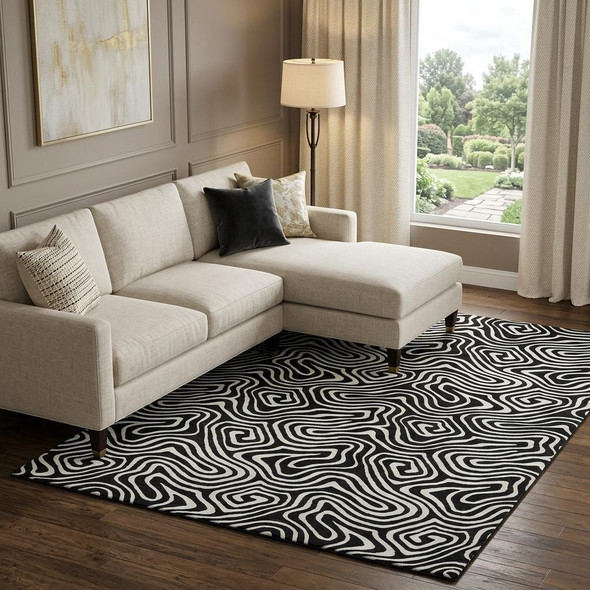 10' X 14' Black And Ivory Abstract Washable Area Rug With UV Protection
