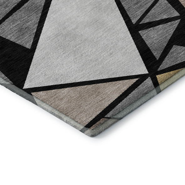 8' Black Beige And Ivory Geometric Washable Round Rug With UV Protection