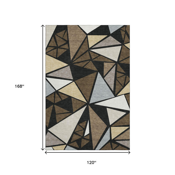 10' X 14' Brown Black And Ivory Geometric Washable Area Rug With UV Protection