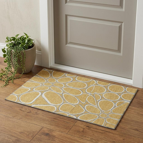 3' X 5' Gold Ivory And Gray Geometric Washable Area Rug With UV Protection