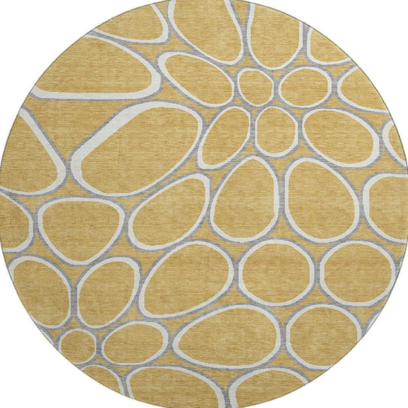 8' Gold Ivory And Gray Geometric Washable Round Rug With UV Protection
