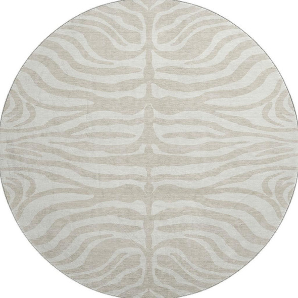 8' Beige And Ivory Animal Print Washable Round Rug With UV Protection