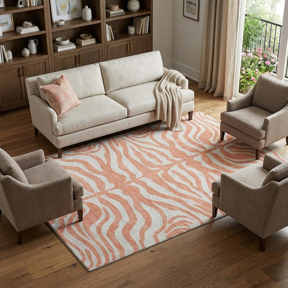10' X 14' Coral And Ivory Animal Print Washable Area Rug With UV Protection