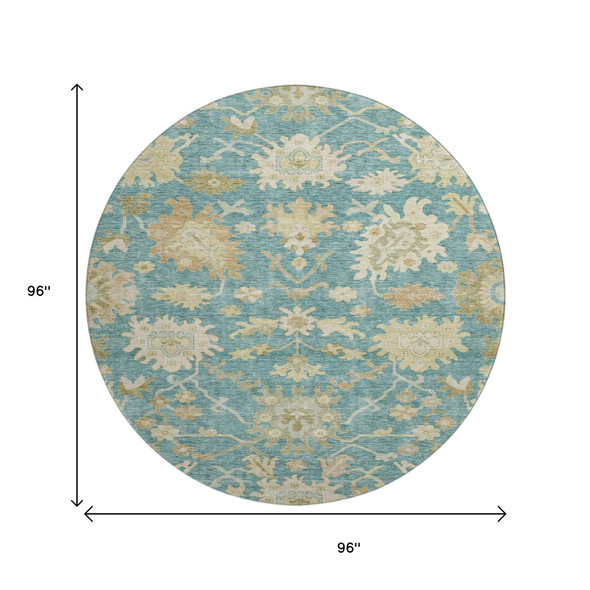 8' Teal Beige And Copper Floral Medallion Washable Round Rug With UV Protection
