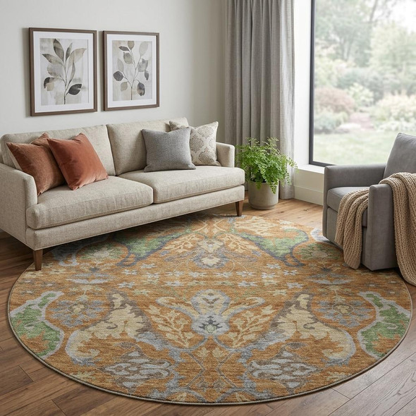 8' Copper Gray And Olive Green Floral Washable Round Rug With UV Protection