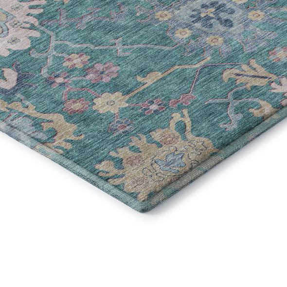 5' X 8' Teal Beige And Pink Floral Washable Area Rug With UV Protection