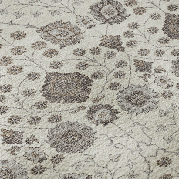 9' X 12' Ivory Brown And Gray Floral Washable Area Rug With UV Protection