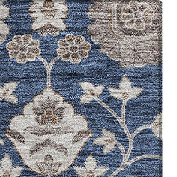 3' X 5' Navy Blue Brown And Beige Floral Washable Area Rug With UV Protection