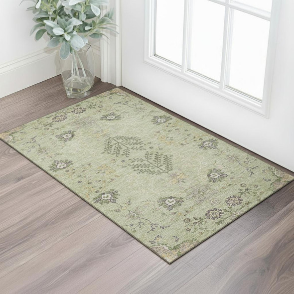 3' X 5' Artichoke Green Gold And Beige Floral Washable Area Rug With UV Protection
