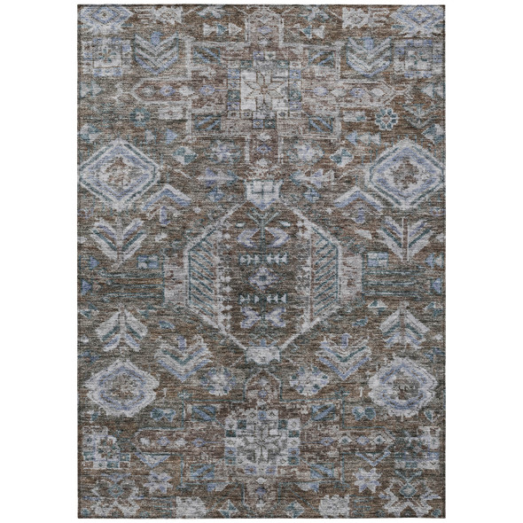9' X 12' Chocolate And Denim Blue Medallion Washable Indoor Outdoor Area Rug