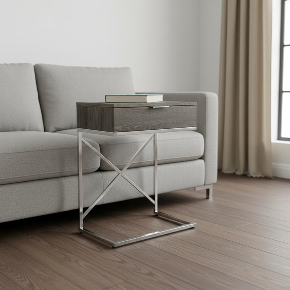 24" Silver And Taupe Wood And Metal End Table With Drawer
