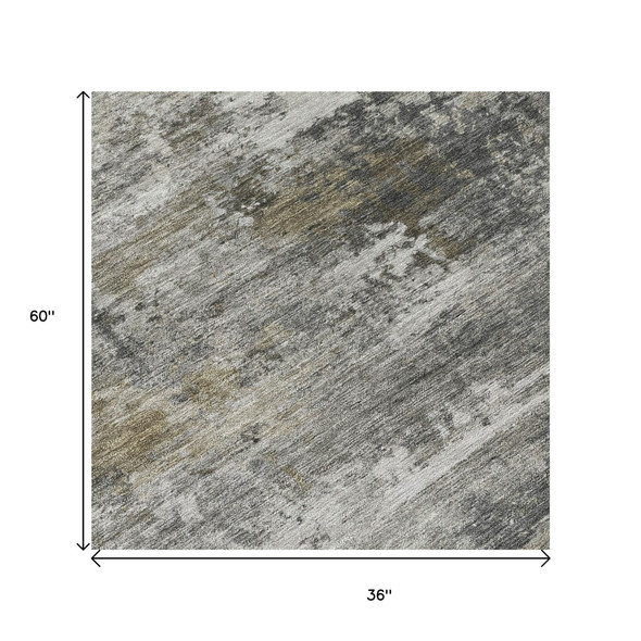 3' X 5' Gray And Silver Abstract Washable Indoor Outdoor Area Rug