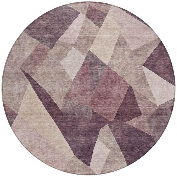 8' Plum And Beige Round Abstract Washable Indoor Outdoor Area Rug