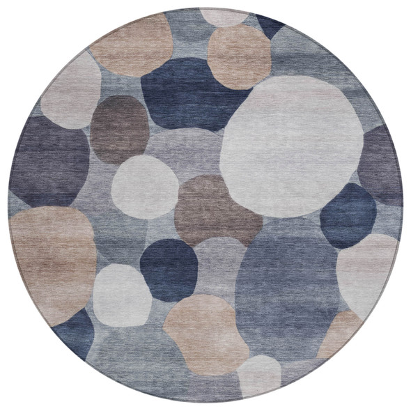 8' Blue Beige And Gray Round Geometric Washable Indoor Outdoor Area Rug