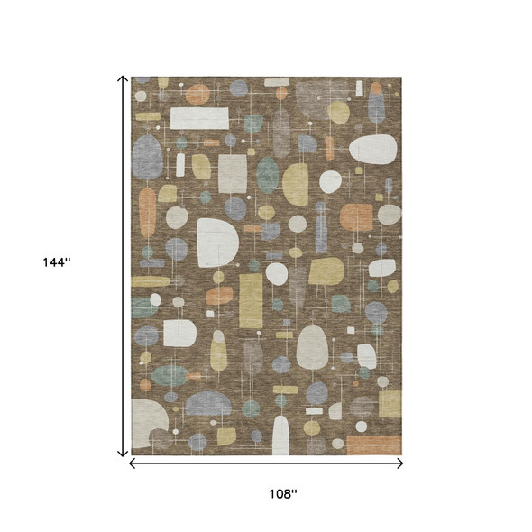 9' X 12' Chocolate Brown And Gray Geometric Washable Indoor Outdoor Area Rug