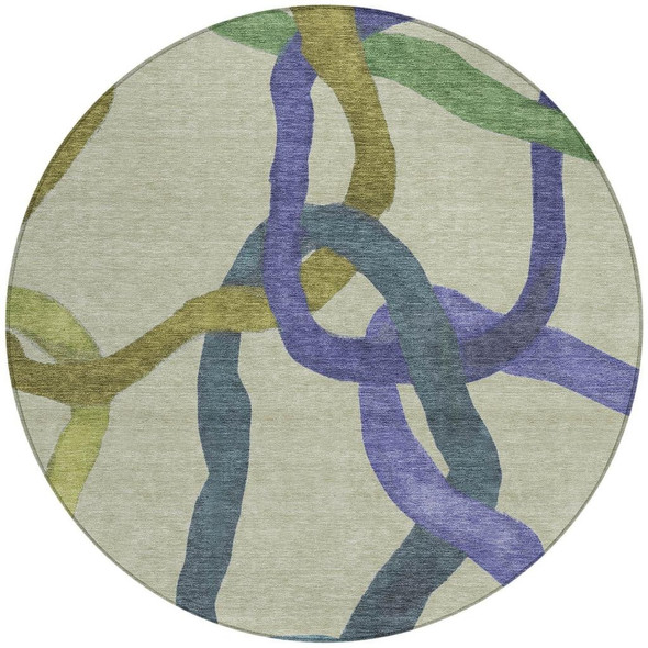 8' Artichoke Green Purple And Khaki Round Abstract Washable Indoor Outdoor Area Rug