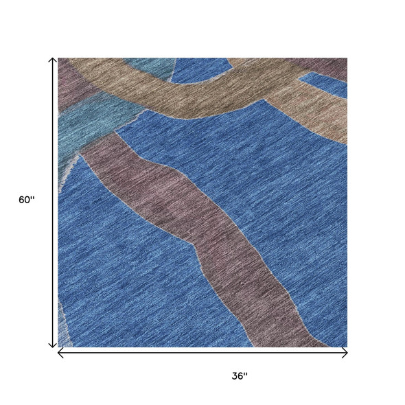 3' X 5' Navy Blue Brown And Mauve Abstract Washable Indoor Outdoor Area Rug