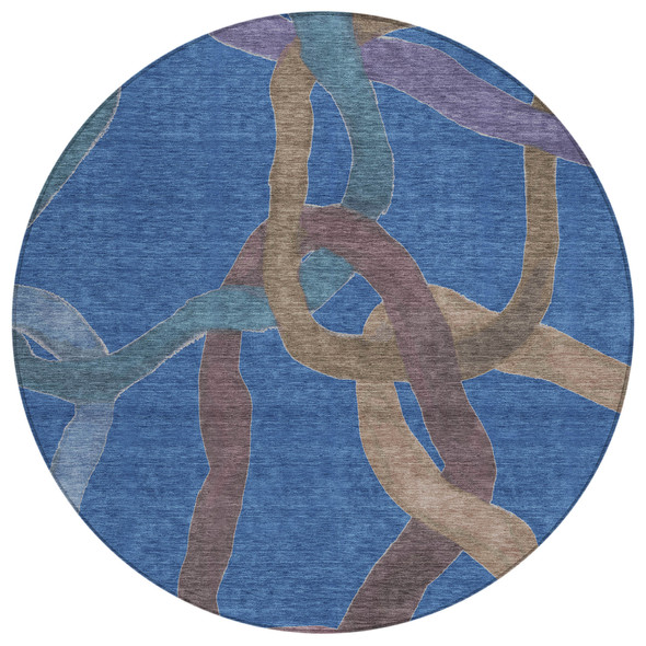 8' Navy Blue Brown And Mauve Round Abstract Washable Indoor Outdoor Area Rug