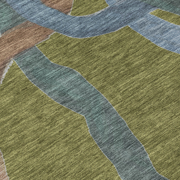 8' Olive Green Blue And Brown Round Abstract Washable Indoor Outdoor Area Rug