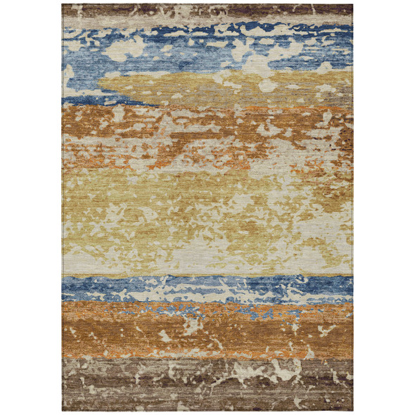 8' X 10' Gold Blue And Rust Striped Washable Indoor Outdoor Area Rug